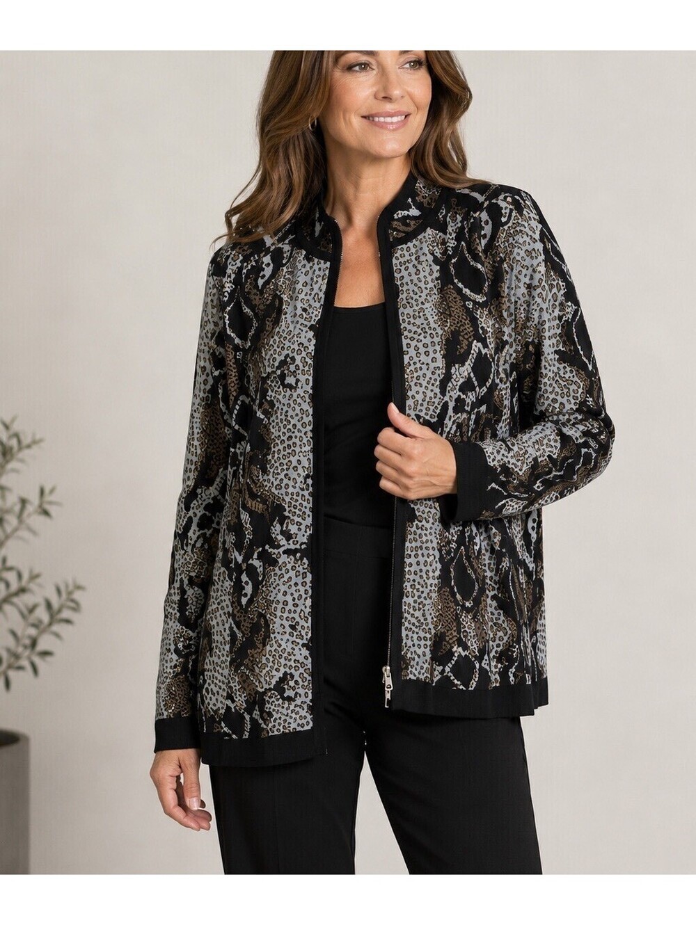 Exclusively MISOOK Womens L Animal Print Sequin Zip Jacket Stretch Gray Black